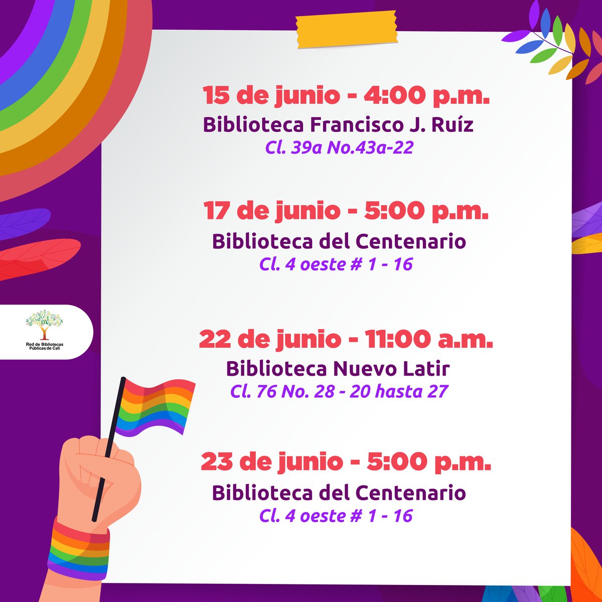 redbiblio_cali's tweet photo. La Red de Bibliotecas Públicas celebra el mes de la diversidad sexual y de géneros con una agenda que  incluye conversatorios con autores de la comunidad LGBTIQ, teatro y talleres de literatura. 

#LGBTBI+ #diversidadsexual #diversidadsexualydegenero #diversidadsinfronteras https://t.co/uIwHcPZ5wz