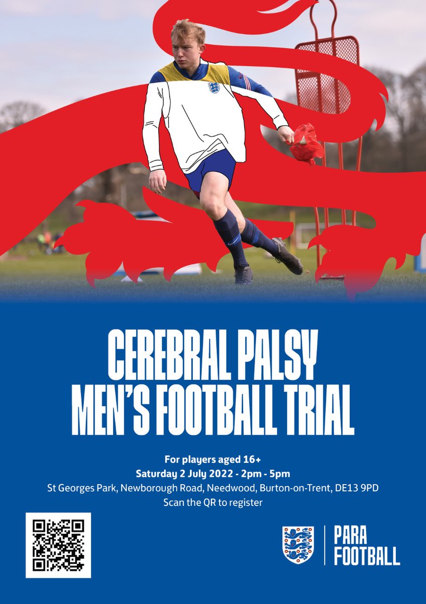⚽️ Cerebral Palsy Men's Football Trial
📅 Saturday 2nd July 2022
📍 St Georges Park, Newborough Road, Needwood, Burton-on-Trent, DE139PD