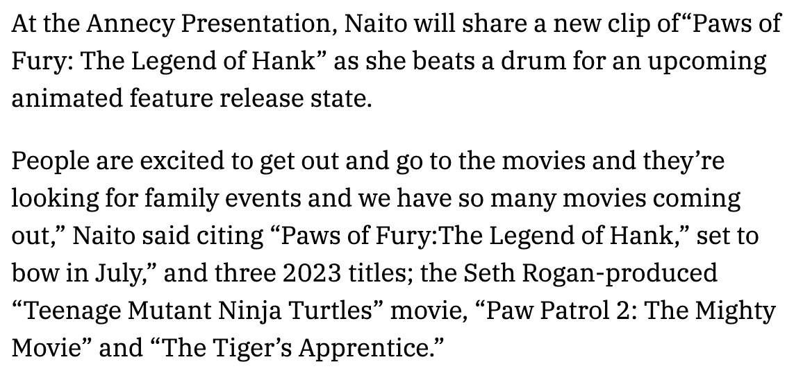 APPictures9's tweet photo. On Thursday at Annecy, Ramsey Naito will show a clip from Paws of Fury, and she will possibly discuss TMNT, Paw Patrol 2, and Tiger's Apprentice.

But no mention of Under the Boardwalk, despite the movie being in post-production according to David Soren's Instagram. https://t.co/tOFGnEqO38