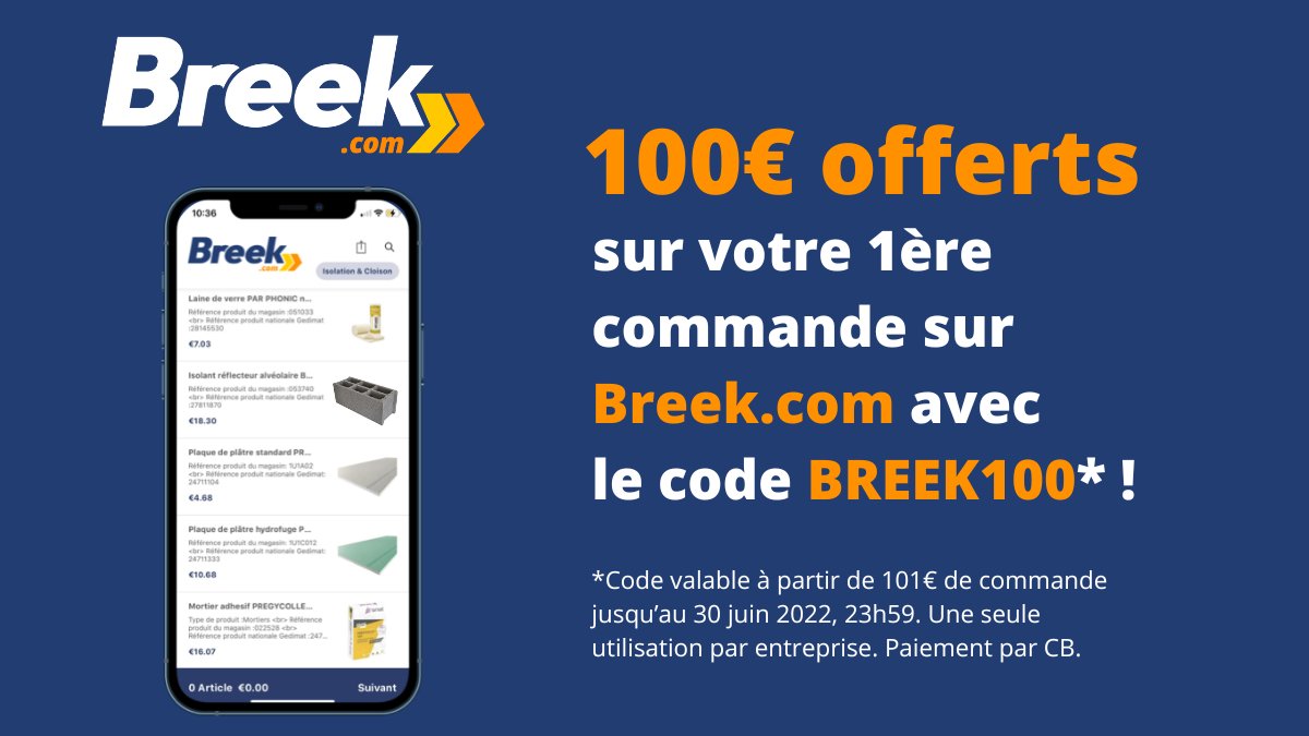 Breek_com's tweet photo. Vous n’avez pas encore utilisé https://t.co/46NZoDCsgV pour approvisionner vos chantiers en 2 heures ? Pas de problème, nous vous offrons 100€ de réduction sur votre première commande avec le code BREEK100 (modalités sur l’image rattachée au post). https://t.co/sPor595ZvA