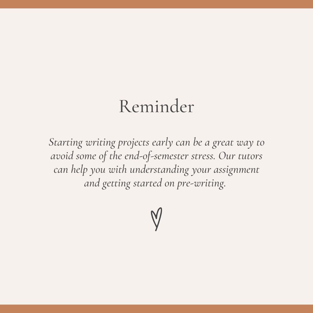 The Writing Center is not just for working on complete drafts. We can help you long before the final paper is due. 

Make an appointment by visiting bit.ly/2Zjf30t.