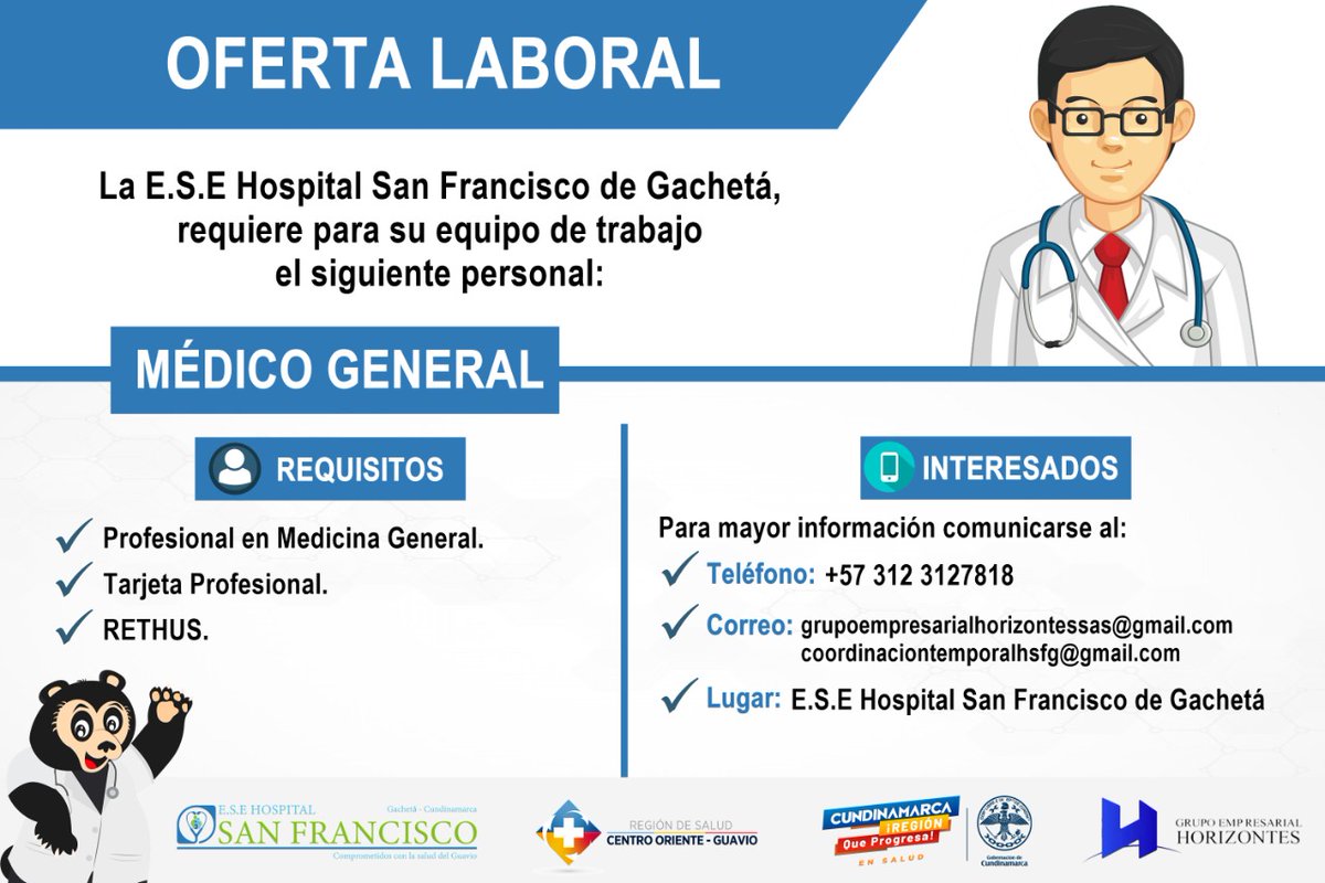 HospitalGacheta's tweet photo. La E.S.E Hospital San Francisco de Gachetá, requiere para su equipo de trabajo el siguiente personal:
MÉDICO GENERAL
Requisitos Profesional en Medicina General,  Tarjeta Profesional, RETHUS

coordinaciontemporalhstg@gmail.com, grupoempresarialhorizontessas@gmail.com

312 3127818 https://t.co/DqGaXD6ZZA