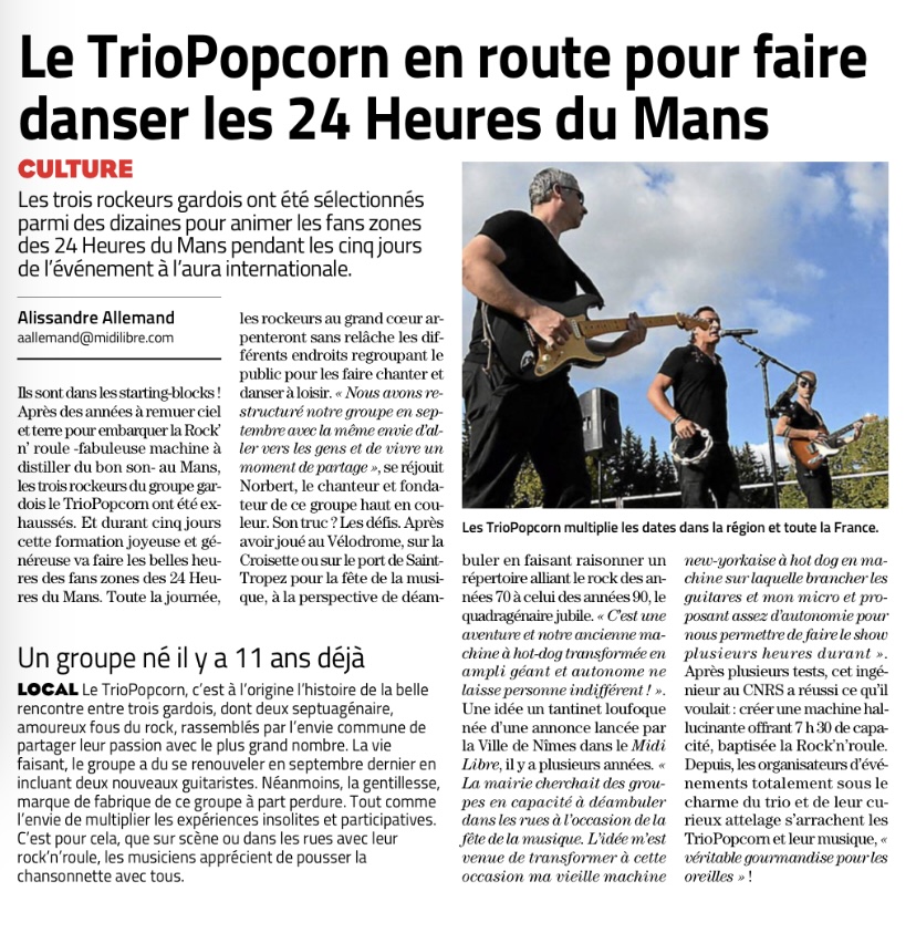 3popcornfever's tweet photo. Le groupe de rock Nîmois trio pop corn sur le Midi libre 
 Gard à l'occasion de l'animation ambulante avec le rock 'n' roule pour les 24h du mans #24heuresdumans #midilibre #ConcertRockQuiRoule #RockNroule #Triopopcorn https://t.co/Vp8JC0f4gB