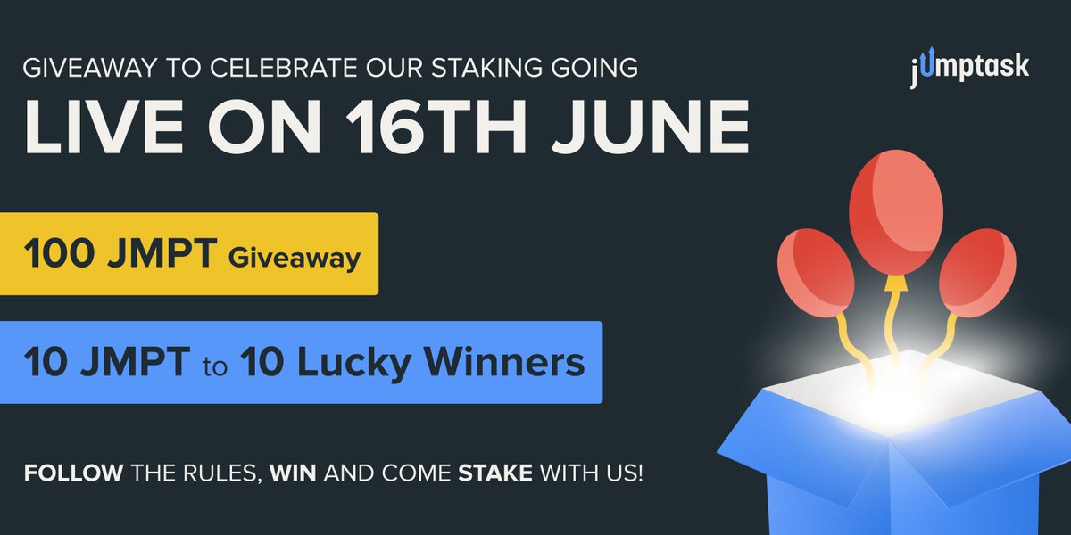 💰 Staking giveaway 💰 jmpt.io/JMPTStakingTwi…
10 $JMPT to 10 winners! June 14 - June 17 📅
1. Like and Retweet
2. Follow <a href="/JumpTask_app/">JumpTask</a> &amp; <a href="/JMPreiksa/">Juozapas M. Preikša</a>
3. Tag 2 friends in comments and post your wallet address

$JMPT #JMPT #staking #rewards #giveaway