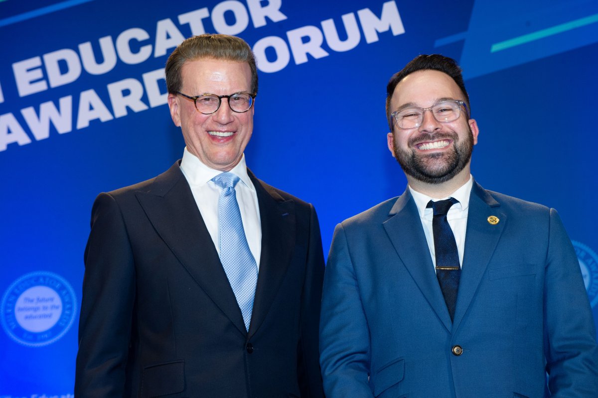 doelouisiana's tweet photo. Lowell Milken, founder of the @Milken Family Foundation Educator Awards, presented Louisiana's 2021 recipients, Marco French and Jay Weisman, with their $25,000 cash prizes at a national forum held at UCLA. #MilkenAward #LABelives https://t.co/HGaQDgEEux