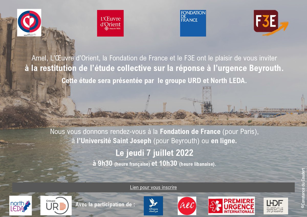 L'Œuvre d'Orient (@oeuvredorient) on Twitter photo ➡️<a href="/Amel/">amelie couvrand</a>, L’Œuvre d’Orient, la <a href="/Fondationfrance/">Fondation de France</a> et le <a href="/F3E_asso/">F3E</a> ont le plaisir de vous inviter à la restitution de l’étude collective sur la réponse à l’urgence Beyrouth.
Cette étude sera présentée par <a href="/GroupeURD/">Groupe URD</a> et <a href="/NorthLeda/">North LEDA</a>
✍️Inscriptions ici : bit.ly/3xvJyNX ➡️<a href="/Amel/">amelie couvrand</a>, L’Œuvre d’Orient, la <a href="/Fondationfrance/">Fondation de France</a> et le <a href="/F3E_asso/">F3E</a> ont le plaisir de vous inviter à la restitution de l’étude collective sur la réponse à l’urgence Beyrouth.
Cette étude sera présentée par <a href="/GroupeURD/">Groupe URD</a> et <a href="/NorthLeda/">North LEDA</a>
✍️Inscriptions ici : bit.ly/3xvJyNX