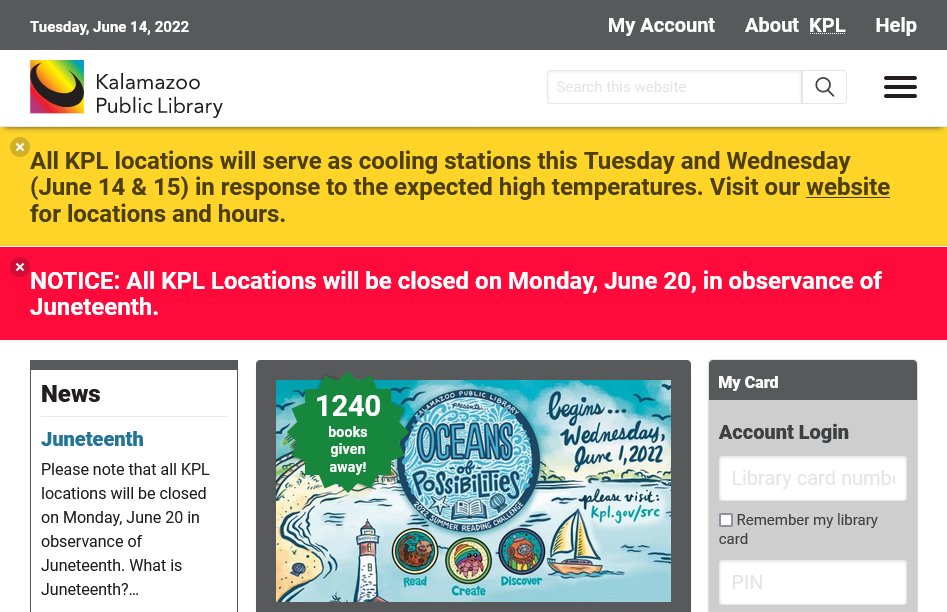 jeffmesser's tweet photo. If #KzooLibrary wants to be open as a public #CoolingShelter 🥵, then why are they closing 19 times this summer?  They're only bolstering the argument I made at the May 23 Library Board of Trustees meeting (3:30 into the recording at https://t.co/hq1ij8KuW9 ). #wMiWx https://t.co/lhkwaMmAzd
