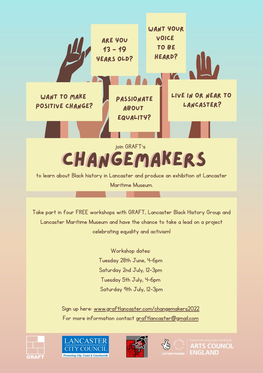 2 weeks until our first Changemakers session! If you're 13-19, based in or near Lancaster and interested in art, history, equality & making positive change then get involved! Read more and sign up here: graftlancaster.com/changemakers20…