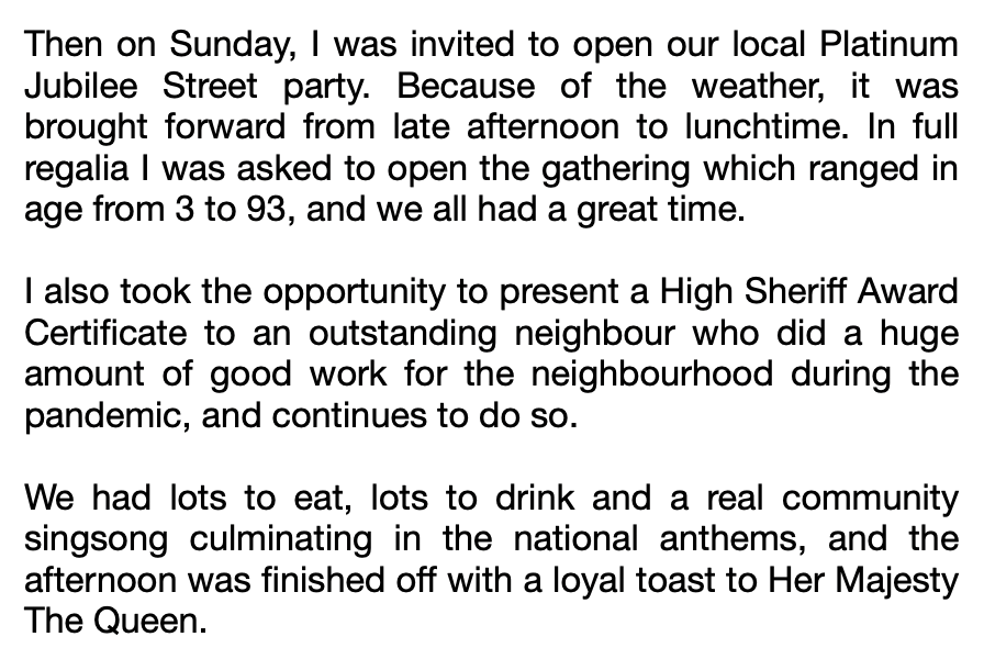 HSSouthGlam's tweet photo. Sunday, I was invited to open our local Platinum Jubilee Street party #CommunityAtItsBest #Party #Fun4All @simmondsswis @jmsimmonds1 @MegMcNamee @RoyalFamily  @ClarenceHouse @KensingtonRoyal #PlatinumJubilee #HM70 #RoyalFamily #HighSheriff #HighSheriffs @highsheriffs @HSSouthGlam https://t.co/57PKl3RdpU