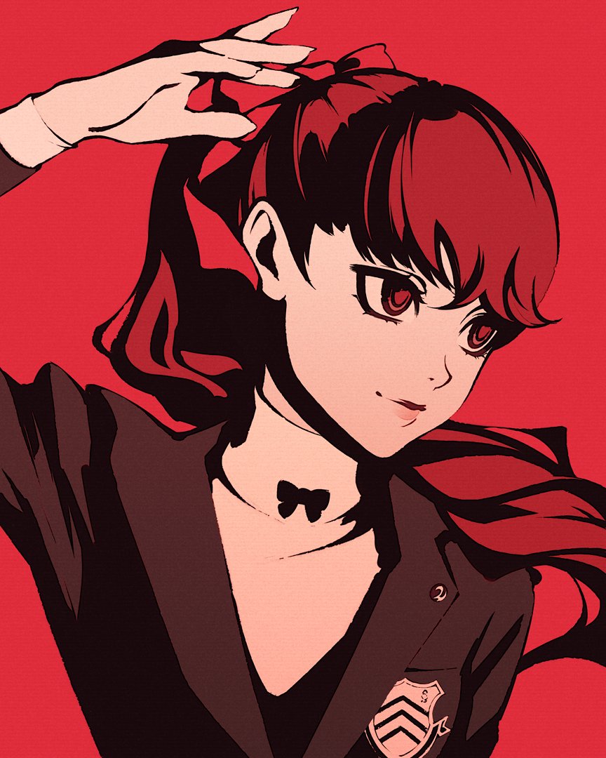1girl solo ponytail red hair red background school uniform shuujin academy school uniform  illustration images