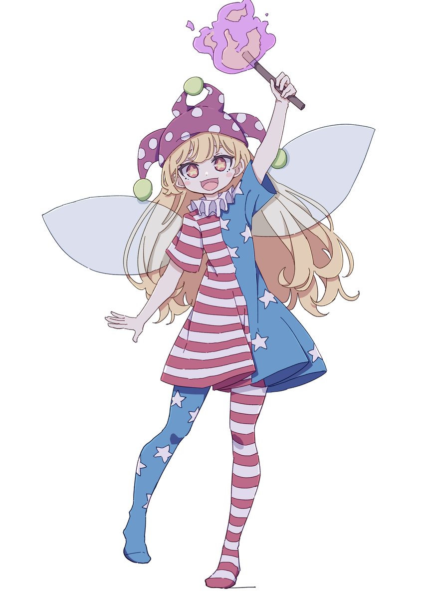 clownpiece 1girl solo blonde hair long hair hat jester cap fairy wings  illustration images