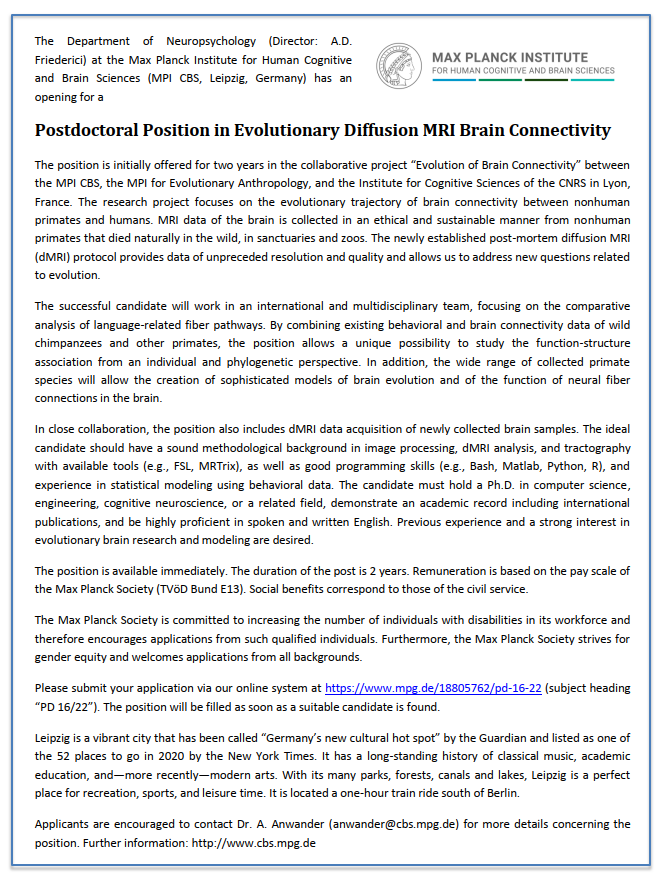 Join us! 2-year Postdoc position in the amazing Evolution of Brain Connectivity project relating primate behaviour and cutting edge #tractography <a href="/MPI_CBS/">MPI für Kognitions- & Neurowissenschaften</a> Leipzig <a href="/MPI_EVA_Leipzig/">MPI-EVA Leipzig</a> <a href="/TaiChimpProject/">Taï Chimpanzee Project</a> #Chimpanzees #diffusion #MRI
Apply now! Please share &amp; RT.
mpg.de/18805762/pd-16…