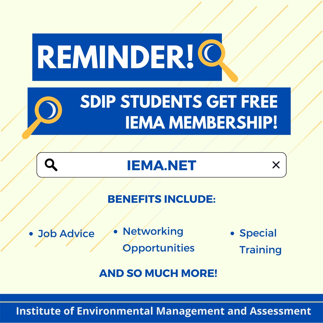 Reminder that SDiP MSc students have free membership to IEMA (Institute of Environmental Management and Assessment)! Make sure to make the most of your free membership with @IEMANET for #networking, #careeradvice, #skillsandtraining, and #professionaldevelopment!