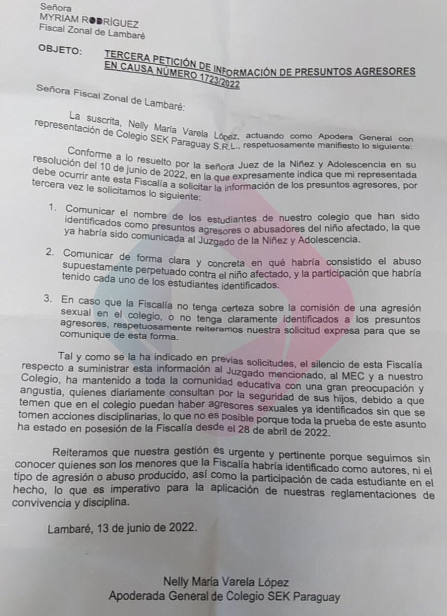 pds_radio's tweet photo. #ColegioDeLambaré Por tercera vez el colegio Sek Paraguay peticiona a la fiscal Myriam Rodríguez proveer información acerca de los presuntos agresores sindicados como los responsables del supuesto abuso a un alumno de la institución.

Vía @PerlaSilguero
🔗https://t.co/VaKazsdBZF https://t.co/rV6HX4XWxF