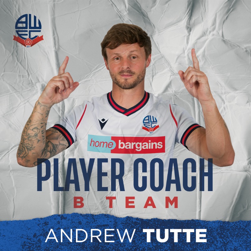 OfficialBWFC's tweet photo. 🤝 Wanderers are delighted to confirm the appointment of Andrew Tutte as player-coach of the club's new B Team.

✍️🏻 Adam Senior, Finlay Lockett, and Luke Hutchinson have also signed new contracts to extend their stay with the Whites.

#BWFC 🐘🏰