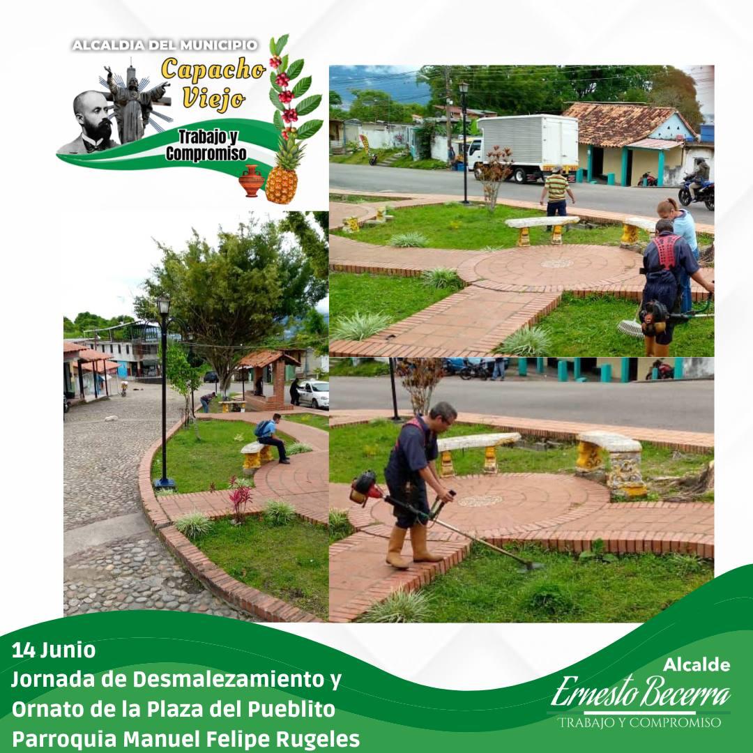 CapachoViejoGob's tweet photo. #14Junio Jornada de limpieza y Desmalezamiento #plazaelpueblito parroquia Manuel Felipe Rugeles.

#TrabajoyCompromiso 

@ErnestoBecerraC https://t.co/6DbPUy1B2f
