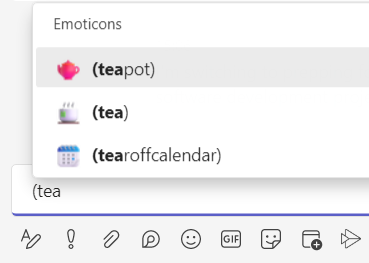 Laura_GB's tweet photo. Is it just me that didn't know about the emoticons you get in #MSTeams if you type ( then a word.
Made my day! #TeaIsTheAnswer https://t.co/gJzYiHUhnb