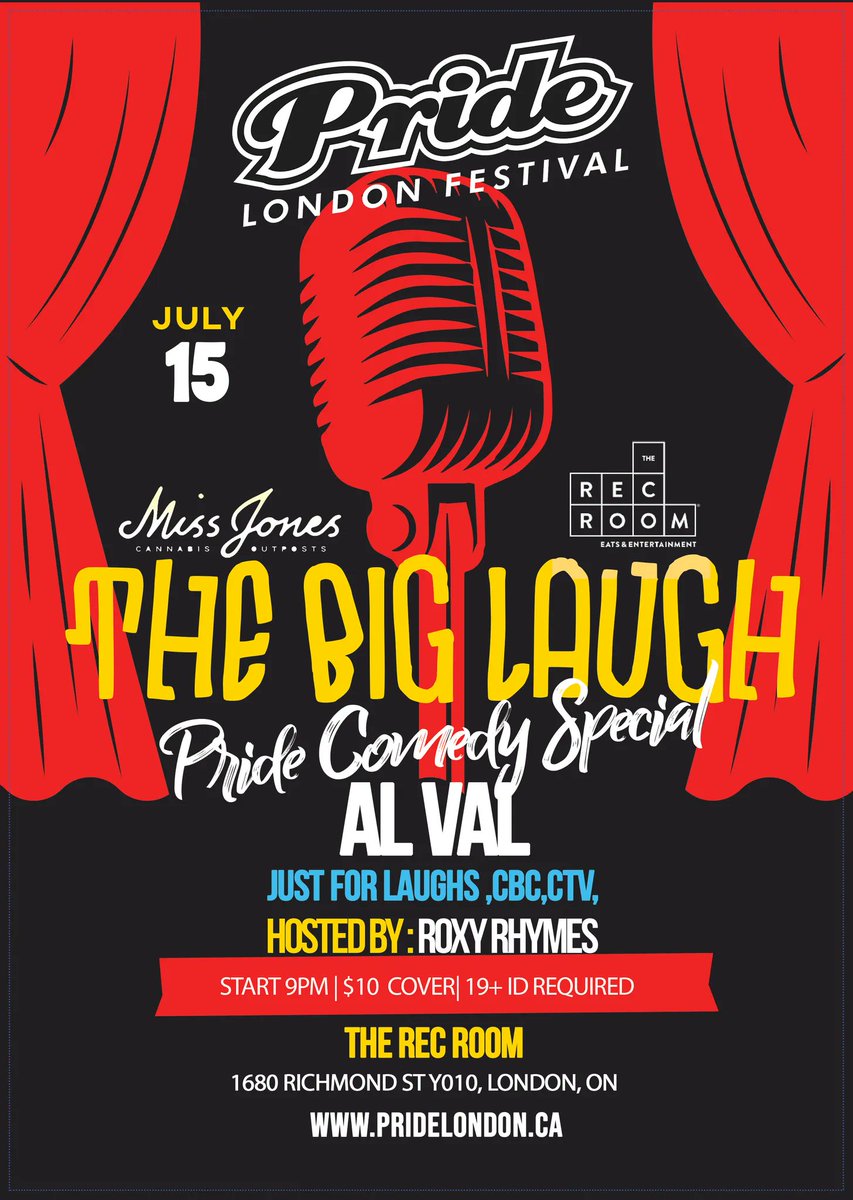 The Big Laugh Pride Comedy Special hosted by Roxy Rhymes starts at 9:00 p.m. $10 cover ID required #Pride <a href="/RoxyRhymes/">Roxy Rhymes</a> <a href="/TheRecRoomCa/">The Rec Room CA</a> <a href="/prideldnfest/">Pride London Festival</a> #Comedy #ldnont