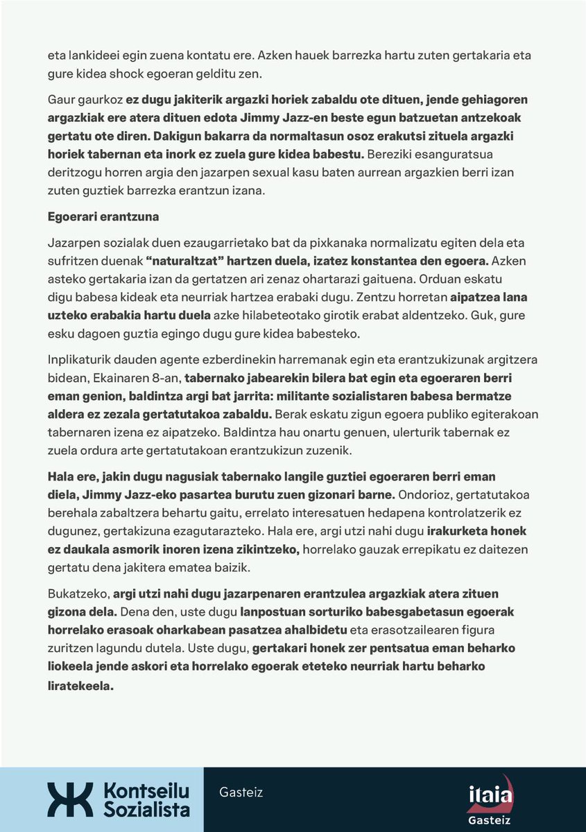 <a href="/Itaia_Gasteiz/">Gasteizko Itaia</a>-ekin batera gizon batek Mugimendu Sozialistako emakumezko kide bati eragindako jazarpena ezagutzera eman eta salatu nahi dugu.

[IRAKURKETA]