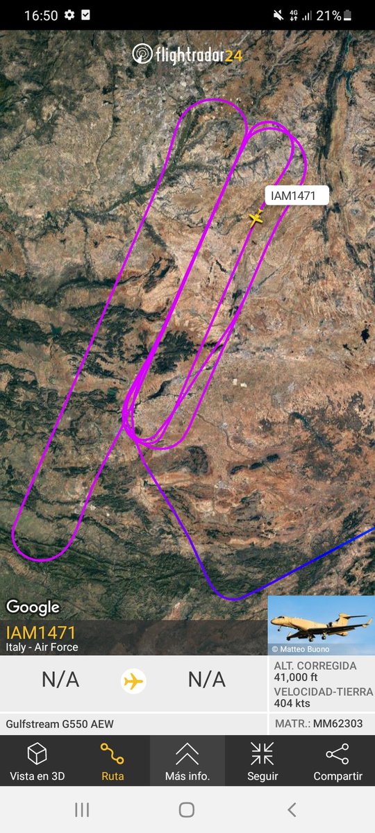 MilRadar's tweet photo. 🇮🇹 @ItalianAirForce #Gulfstream G550 AEW #MM62303 tras partir desde #Albacete se encuentra efectuando circuitos sobre el centro de la Península https://t.co/8FqZg9h80s