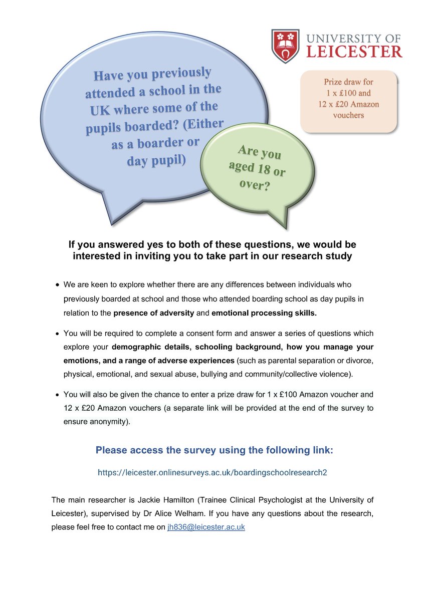JackieAnnHam's tweet photo. Recruiting for my doctoral research...

Have you previously attended a school in the UK where some of the pupils boarded, but DID NOT board?

If so, please consider taking part. 

https://t.co/OEqDjX1EiF…

@PsychCultures
 #boardingschool #research #adversity https://t.co/TwByvP8WhE