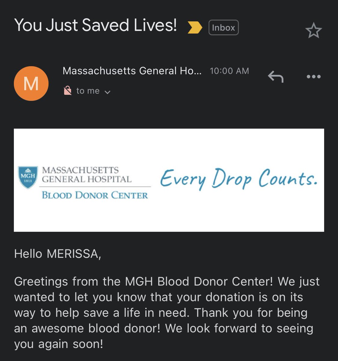 What a day to get this amazing email from MGH ♥️💉🩸#WorldBloodDonorDay So grateful for a colleague who joined me for a fun post-work donation and dinner recently