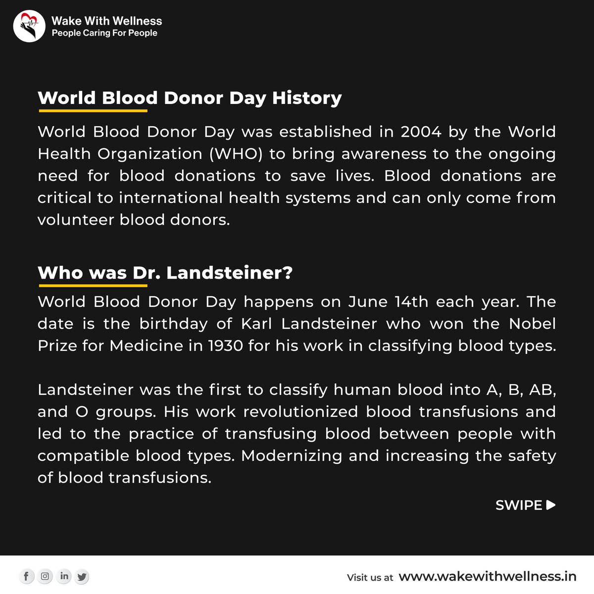 wakewwellness's tweet photo. All that you need to know about World Blood Donor Day.
Credits: ManiBharati, Sakshi Jain, Anjali
#health #blooddonorday #blooddonation #informationtechnology #getaware #gettoknow #knowitall #stayfit #stayhealthy #wakewithwellness #unitednations #cbo https://t.co/Fox9PSAkc9