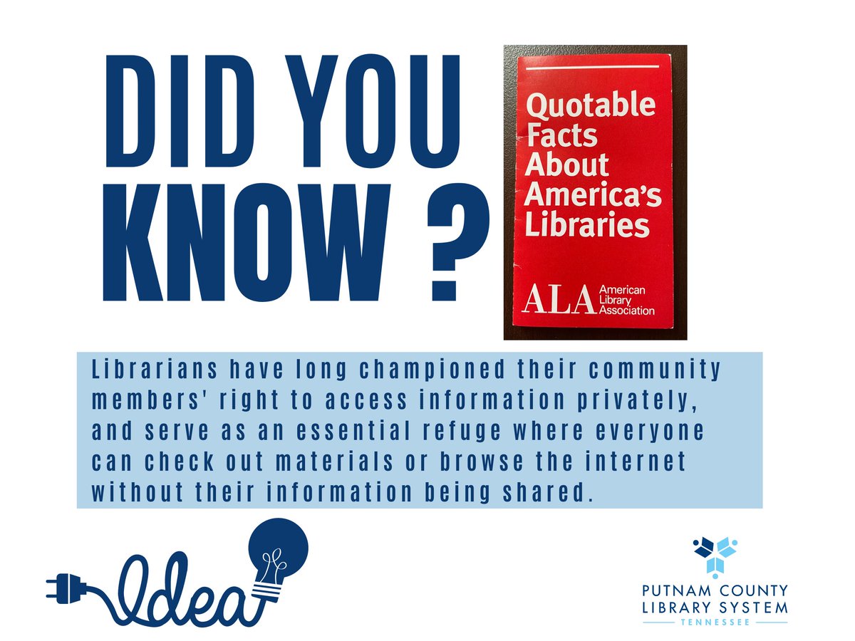 PutnamLibraryTN's tweet photo. Fun Facts Friday!
Quotable Facts from the ALA (American Library Association).
#lifelonglearning #PutnamCountyLibrarySystem https://t.co/S31cA1dPwk