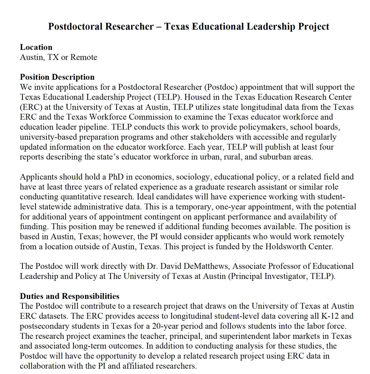 DrDeMatt's tweet photo. I'm hiring a PostDoc to study the TX ed leadership pipeline!!! 

Looking for a quant researcher w/ exp. using ed admin data, esp state longitudinal data systems. Please share/read the call. @UCEA @Division_L @DivA_EdLead @aefpweb @utexascoe @dsknight84 @ProfessorReyes1 https://t.co/PH0O7aOEMr
