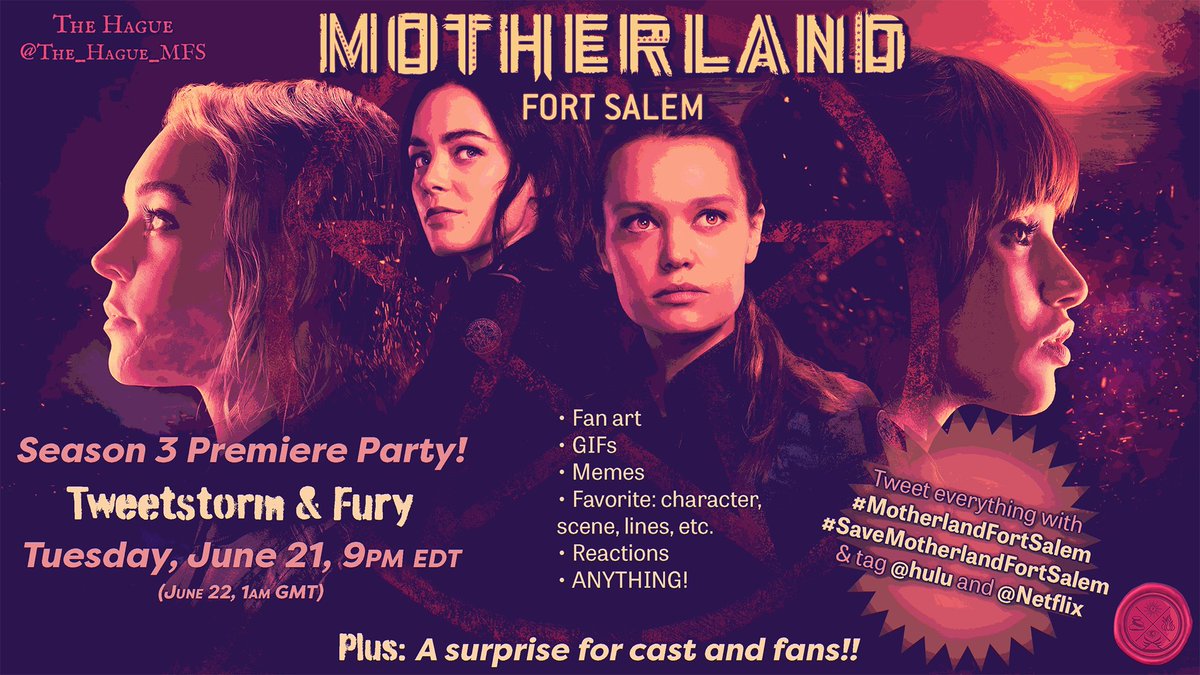 The_Hague_MFS's tweet photo. #Switches join us June 21st at 9PM ET with Tweetstorm &amp; Fury for a #MotherlandFortSalem season 3 Premiere Party!🔥 Show your spirit by tweeting art, memes, gifs, &amp; more. Be sure to use the hashtags &amp; tag @netflix @hulu. Plus, keep an eye for a #SaveMotherlandFortSalem surprise!👀 https://t.co/JjsBt9Bm4T