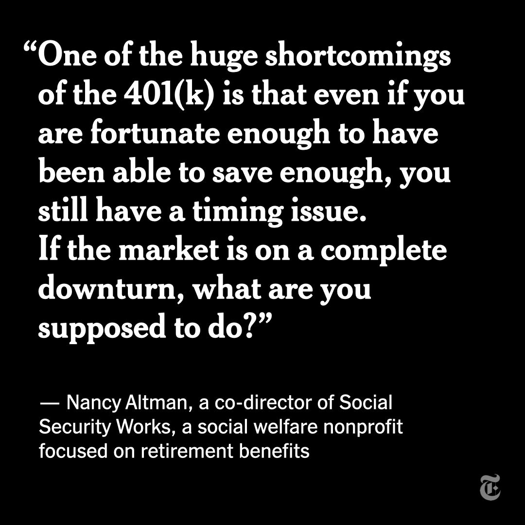 nytimes's tweet photo. Bear markets, when stocks decline at least 20% from their recent peaks, are relatively rare. Sometimes stocks can take years to return to their previous levels. For older workers nearing retirement, waiting it out may not be an option. https://t.co/IgeDJHdmxn https://t.co/VpQcvjjhZX