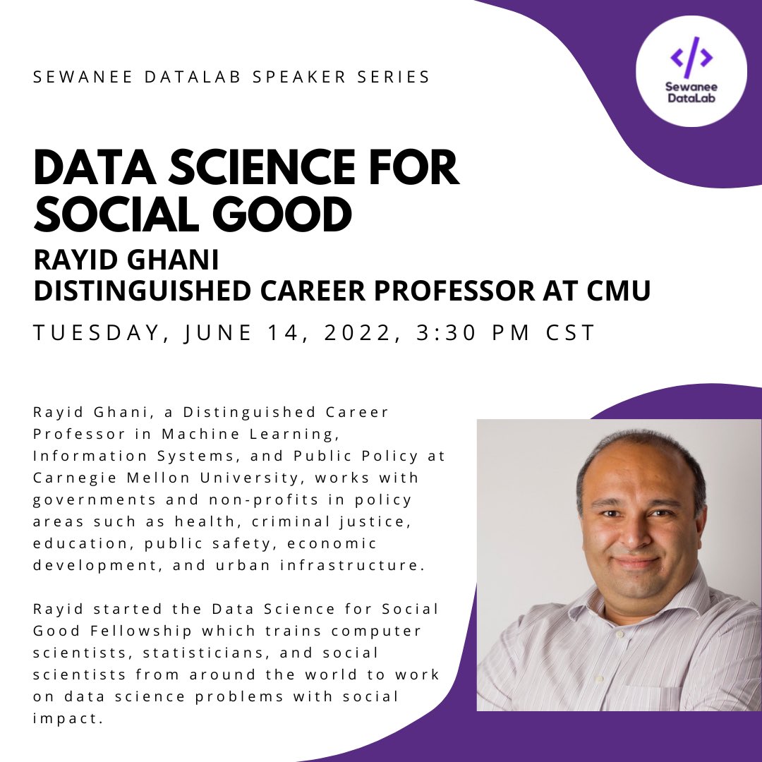 sewaneedatalab's tweet photo. Sewanee DataLab is pleased to have a very distinguished professor from CMU and a Sewanee alumni who will talk about a topic dear to his heart « Data Science for Social Good »…Stay tuned for more career sessions!
#DataScienceforSocialGood #SpeakerSeries https://t.co/9YzCMPCkq6