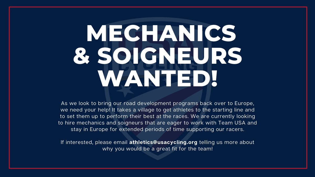 usacycling's tweet photo. CALLING MECHANICS AND SOIGNEURS‼️ 

If interested, please email athletics@usacycling.org telling us more about why you would be a great fit for the team! https://t.co/6OTDuQ6E4E