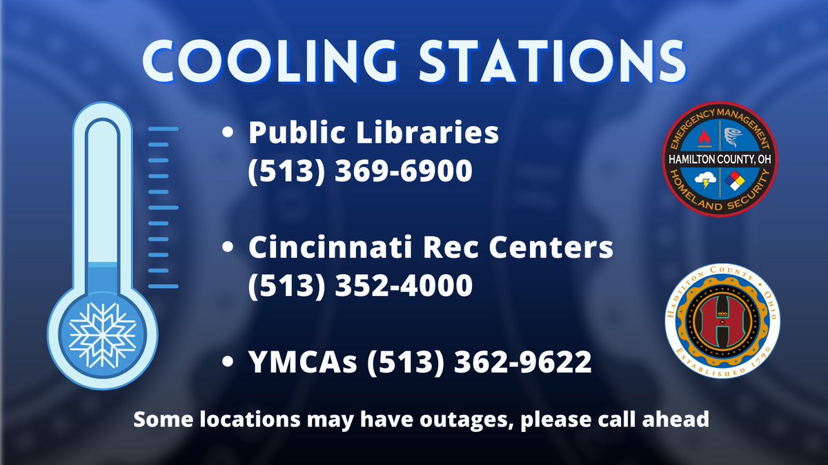 HamiltonCntyOH's tweet photo. If you need relief from the heat today and tomorrow, visit these cooling stations in Hamilton County: 
@cincylibrary, @CincinnatiYMCA, and @cincyrec

For a complete list of cooling stations in Hamilton County from @HCEMA visit https://t.co/eqV7XngajY https://t.co/FEG5CtOjBI