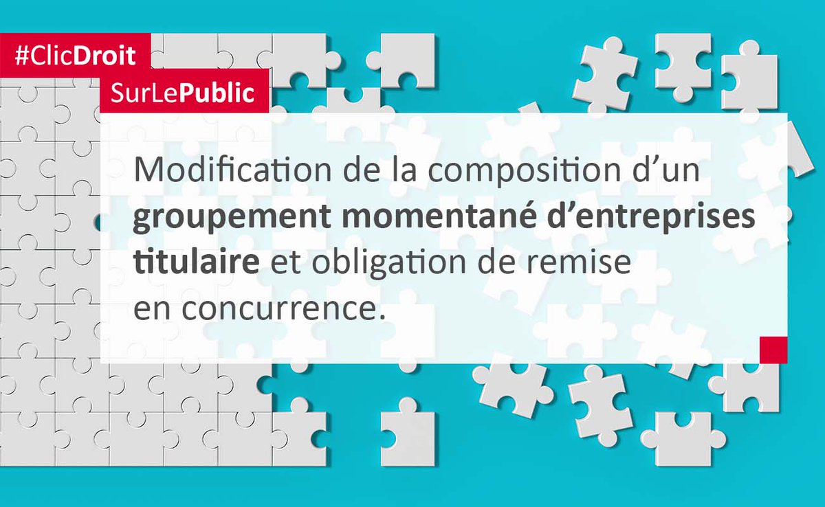 ⚖️ En cours d’exécution d’un marché, toute modification de la composition d’un groupement momentané d’entreprises titulaire doit être examinée ▶︎ pour correspondre à un cas permettant qu’elle intervienne sans mise en concurrence. 🤝
+ d'infos ⏩ bit.ly/3zAGPVW