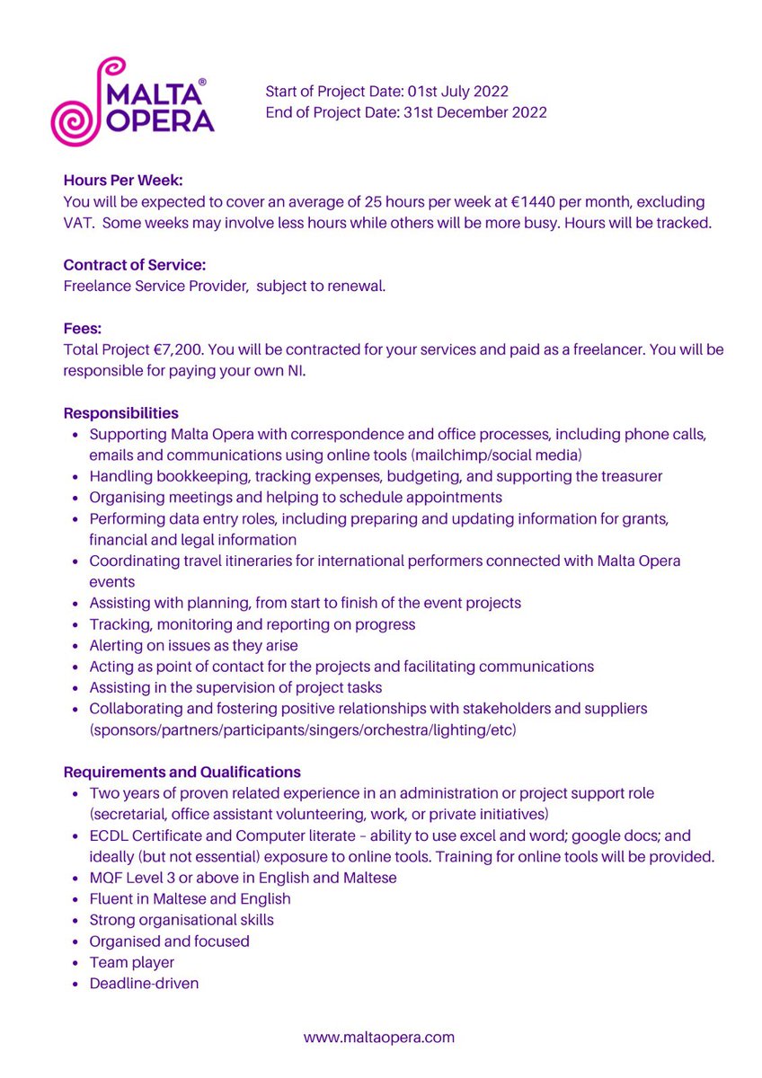 MaltaOpera's tweet image. We are Hiring! ADMINISTRATOR/PROJECT SUPPORT POSITION for a motivated self-starter who will lead &amp;amp; support administration, coordinate project activities &amp;amp; communicate with the project team. Applications by 5PM on 27/06/22 at hello@maltaopera.com #classicalmusic #opera #maltaopera