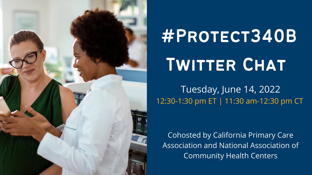 HCAdvocacy's tweet photo. Welcome to the #Protect340B TwitterChat! We're focusing on a federal medication discount program known as 340B that is vital for Community Health Centers. The 340B program is being threatened by #Rxdrug manufacturers. Learn about this threat to health centers and what you can do. https://t.co/hdpk1r7Dqe