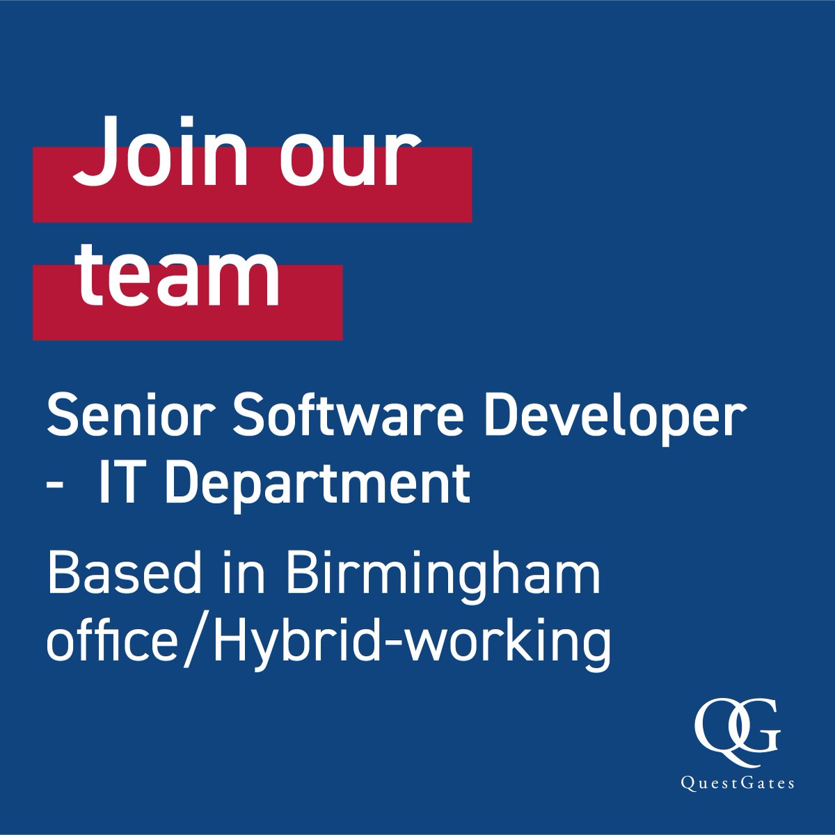 QuestGates's tweet photo. We are looking to recruit a Senior Software Developer within our IT department, based in Birmingham/Hybrid working with occasional travel to other offices as necessary. Learn more here:https://t.co/BvFd5NTiMi

#JobOpportunity #ITJobs #BirminghamJobs #SoftwareDeveloper #QuestGates https://t.co/fYOZpmU4RA