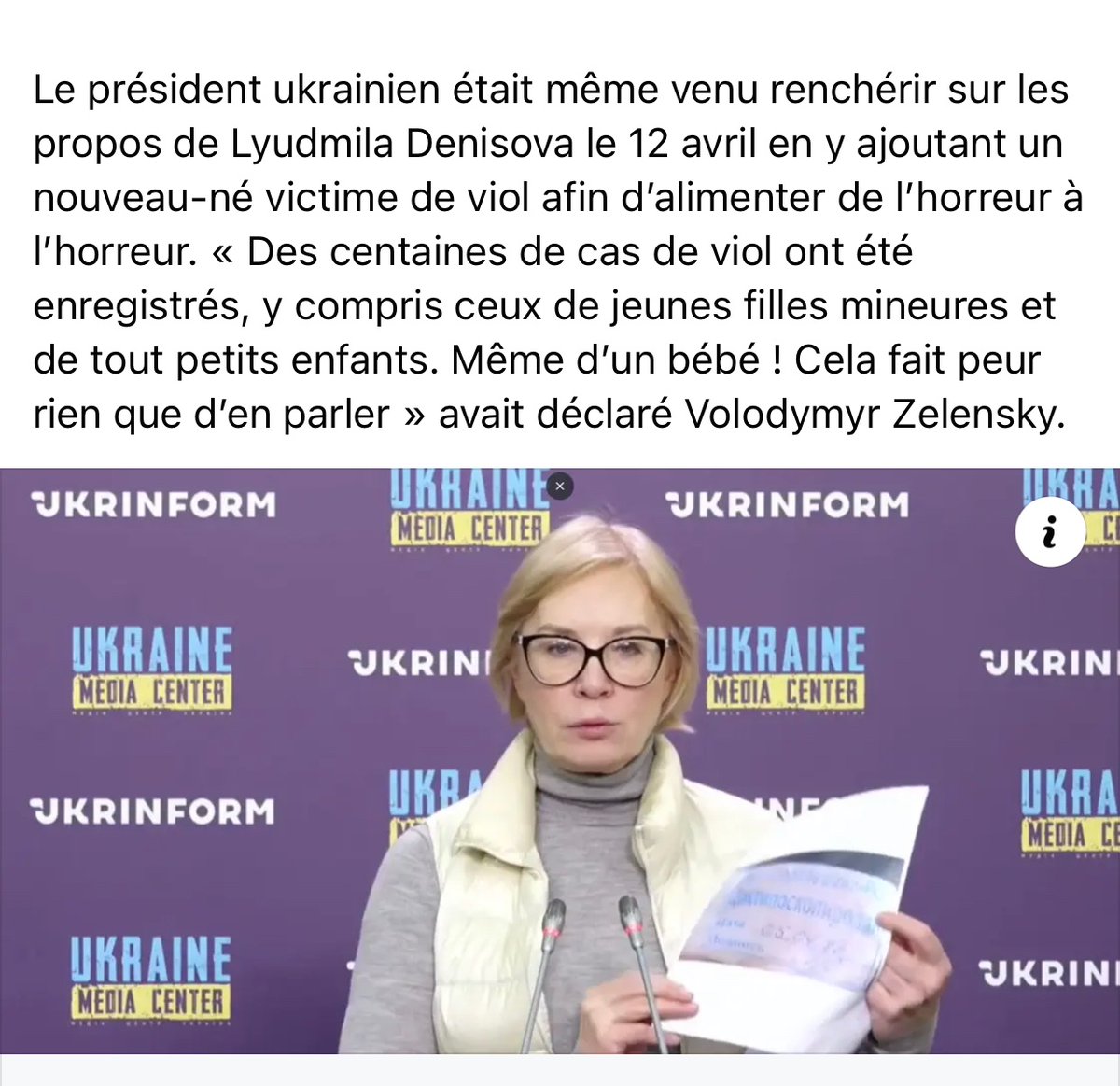 AlienorAubigne's tweet photo. @YvesPDB @jgalt485 Lyudmila Denisova, médiatrice pour les droits de l’homme en Ukraine, a admis que ses histoires sur les atrocités des soldats russes ont été inventées. 
Donc plus rien ne m’étonne, Zelensky n’est qu’affabulations ! https://t.co/cgk3jyJ48k