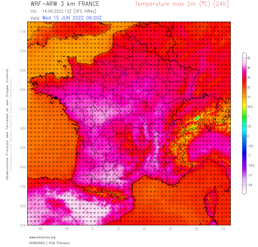 Demain, 34/37°C attendu. 
C'est à partir de jeudi que la chaleur va devenir très forte avec 40/41°C localement dans le sud-ouest et le centre-ouest et plus certainement des PO à la basse vallée du Rhône. 
Il devrait faire 35°C dès midi jeudi sur ces régions du sud-est. #canicule 