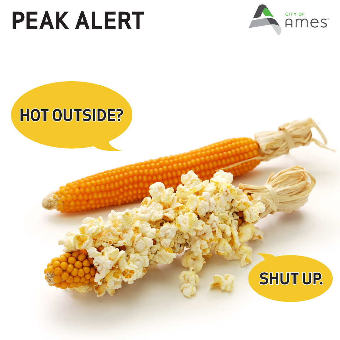 cityofames's tweet photo. 🥵It’s so hot you could pop corn! Ames Electric Services has issued a Peak Alert. Please reduce your energy use, particularly from 2-7pm. More information & tips here: https://t.co/EPtZhV6tUo
#PeakAlert #reduceenergyuse #SmartEnergy https://t.co/aUnnpOGDk3