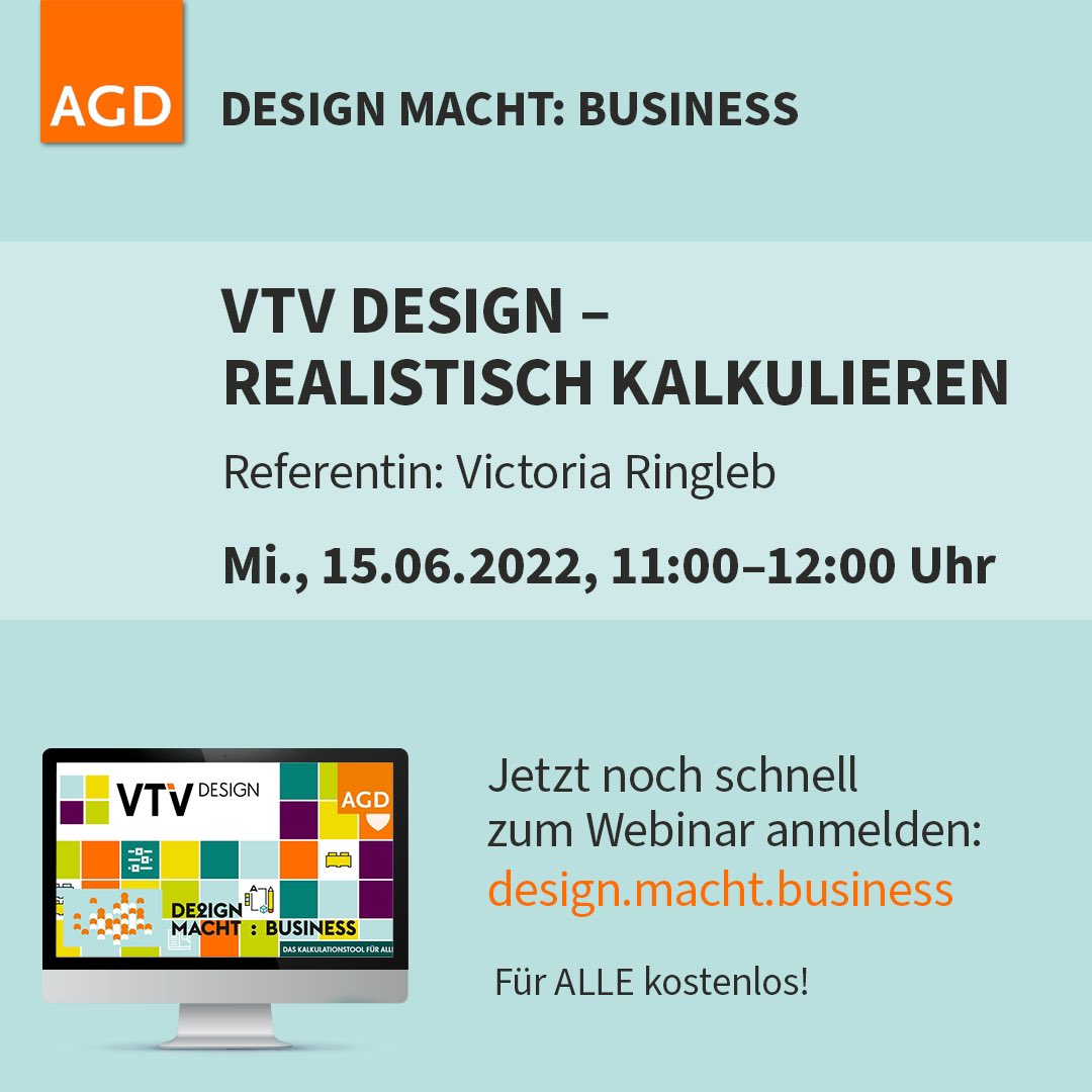 Wir haben noch ein paar wenige freie Plätze in unserem Webinar morgen: VTV Design + Kalkulation + 15.06.2022 + 11 bis 12 Uhr + KOSTENLOS für alle + Anmeldung hier: design.macht.business/vtv-design-rea…

#vtvdesign #designkalkulieren #mitdesigngeldverdienen #designkalkulation #selbstständigkeit