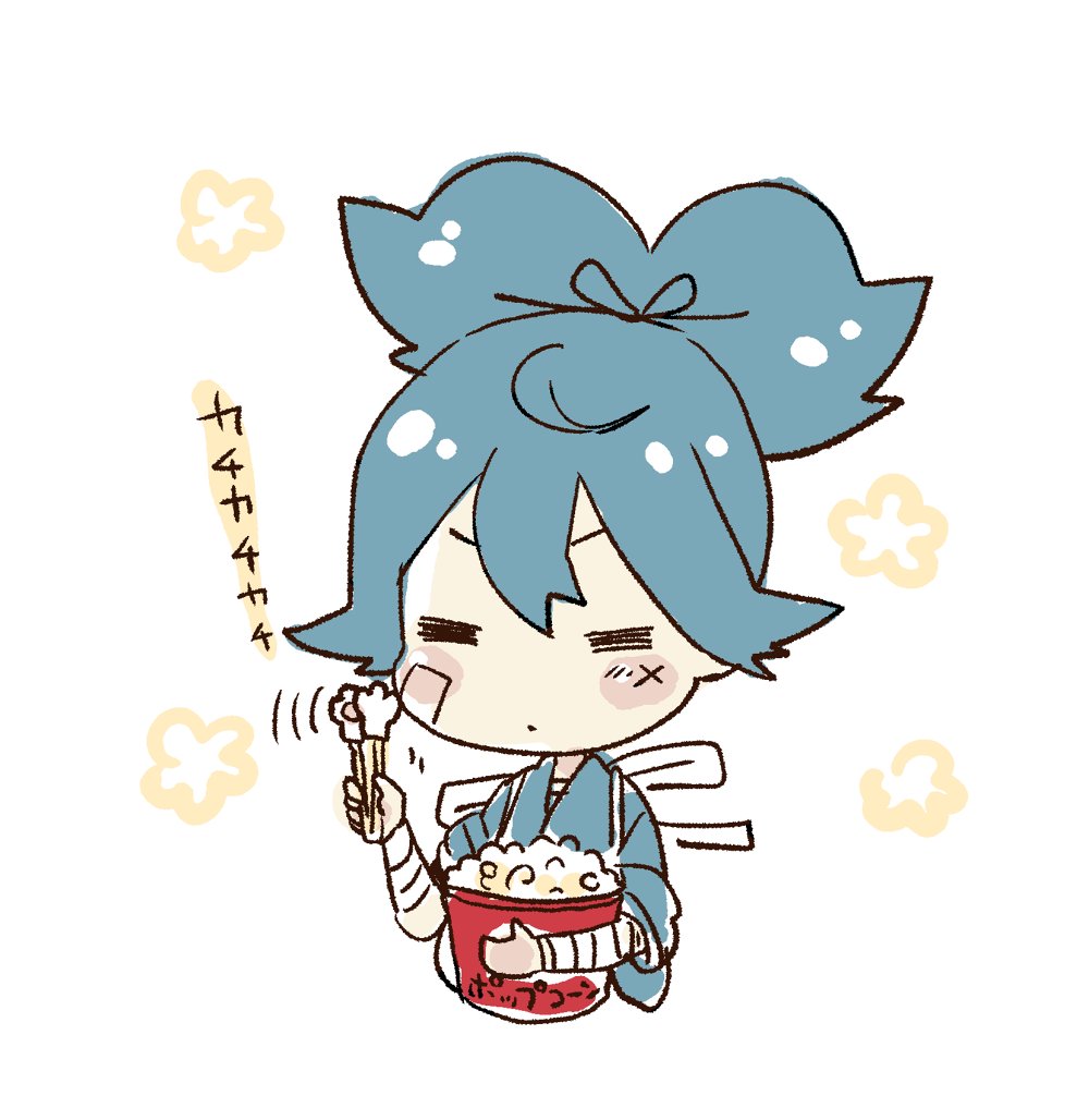 「こんのすけのトングをカチカチさせながら得意げな顔をするお小夜を描きました 」|うたのイラスト