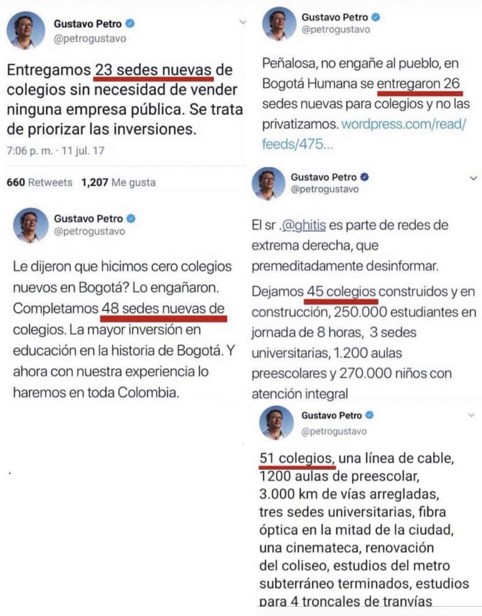 Danielbricen's tweet photo. Petro miente constantemente con el tema de los colegios durante su Alcaldía en Bogotá, ha dicho que entregó 23, 26, 45, 48 y 51 colegios.

Ha dicho tantas mentiras que hasta a él se le olvidan y termina contradiciéndose. https://t.co/oFH3jr3tFU