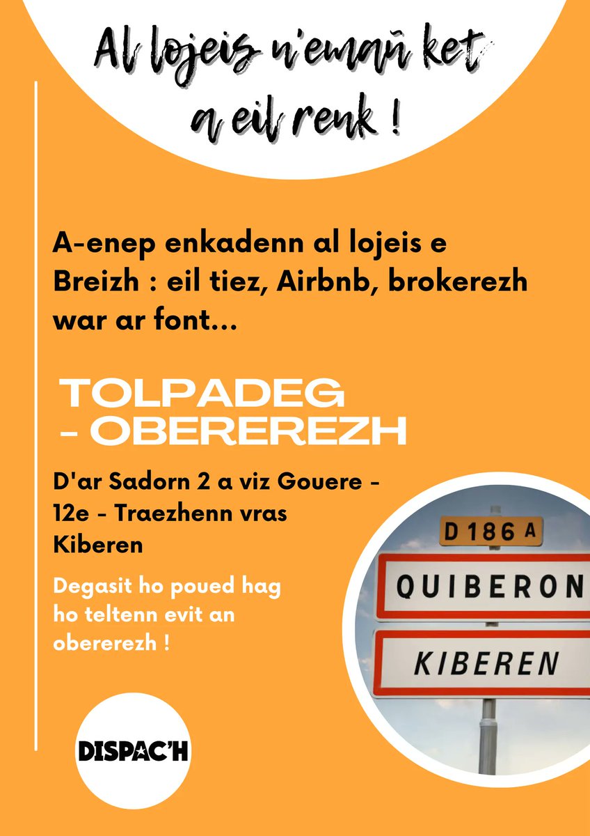 DieubBzh's tweet photo. Breizh n'eo ket da werzhañ!
Deuit niverus d'ar sadorn 2 a viz Guéret war traezhenn vras Kiberenn evit stourm a-enep enkadenn al lojeiz!
#Stourmomp #Breizh #Lojeiz #Kiberen https://t.co/IOhzCuPpsh