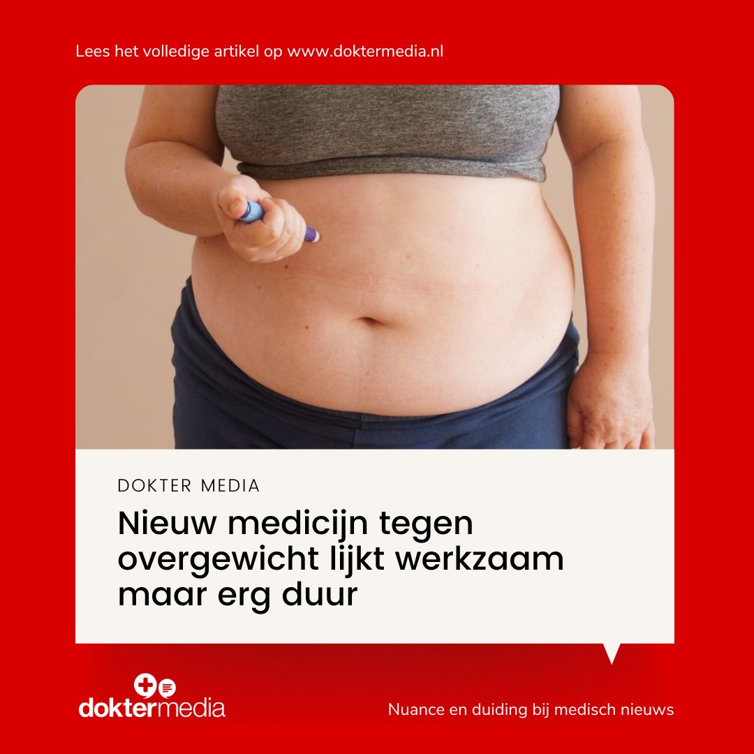 DokterMediaNL's tweet photo. Nieuw medicijn tegen overgewicht lijkt werkzaam maar erg duur. Deelnemers met gem. BMI van 38 verloren in 1,5 jaar tijd 20% van hun gewicht. Maar voor wie het medicijn beschikbaar komt is nog niet bekend. https://t.co/qHaPSgA88a

#doktermedia #medischnieuws # #obesitas https://t.co/3026gZsPBg