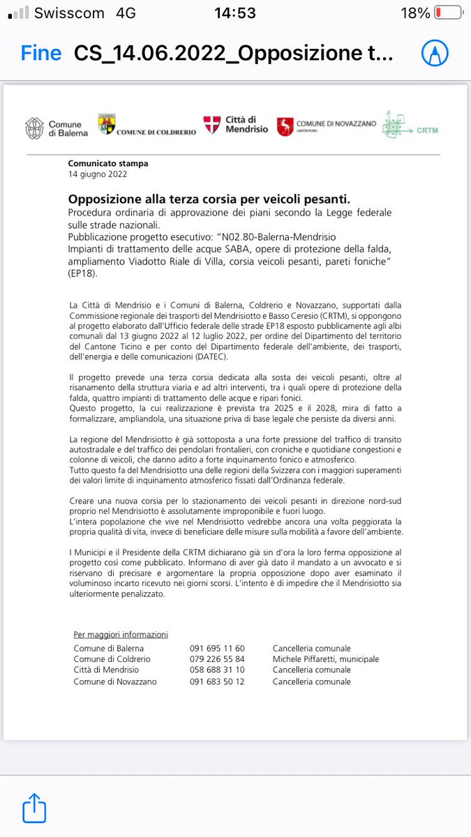 Ferma opposizione della Città di Mendrisio, dei Comuni di Balerna, Coldrerio e Novazzano e della Commissione regionale dei trasporti del Mendrisiotto a una corsia autostradale per lo stoccaggio dei TIR. Un ulteriore aggravio per il Mendrisiotto! mendrisio.ch/avvisi/opposiz…