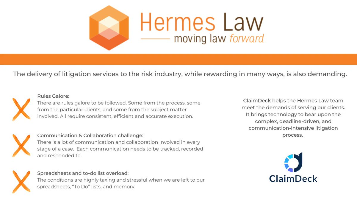 hermes_law's tweet photo. Hermes Law and its clients benefit from how ClaimDeck brings technology to the delivery and consumption of legal services for the risk industry.

Read the full article here: https://t.co/76QChkGTbQ
#legaltech #insurtech #movinglawforward https://t.co/sGbeDkBr6T