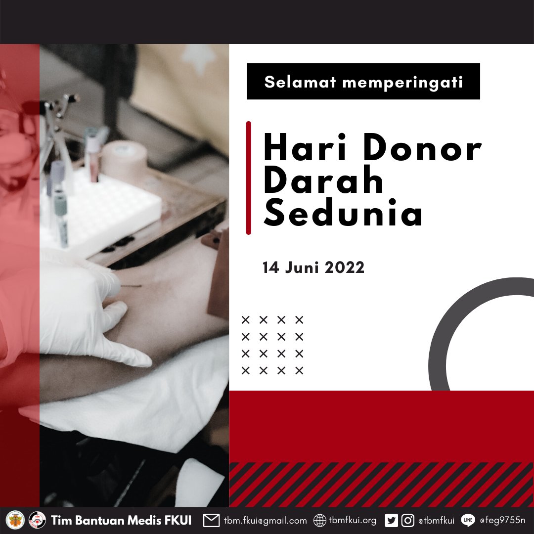 [HARI DONOR DARAH SEDUNIA]⁠
⁠
Hari Donor Darah Sedunia diperingati setiap tanggal 14 Juni setiap tahunnya oleh masyarakat dunia dengan tujuan meningkatkan kewaspadaan masyarakat dunia mengenai manfaat donor darah.
⁠
#TBMFKUI⁠
#TangguhBeraniMandiri⁠
#TogetherBringsMore