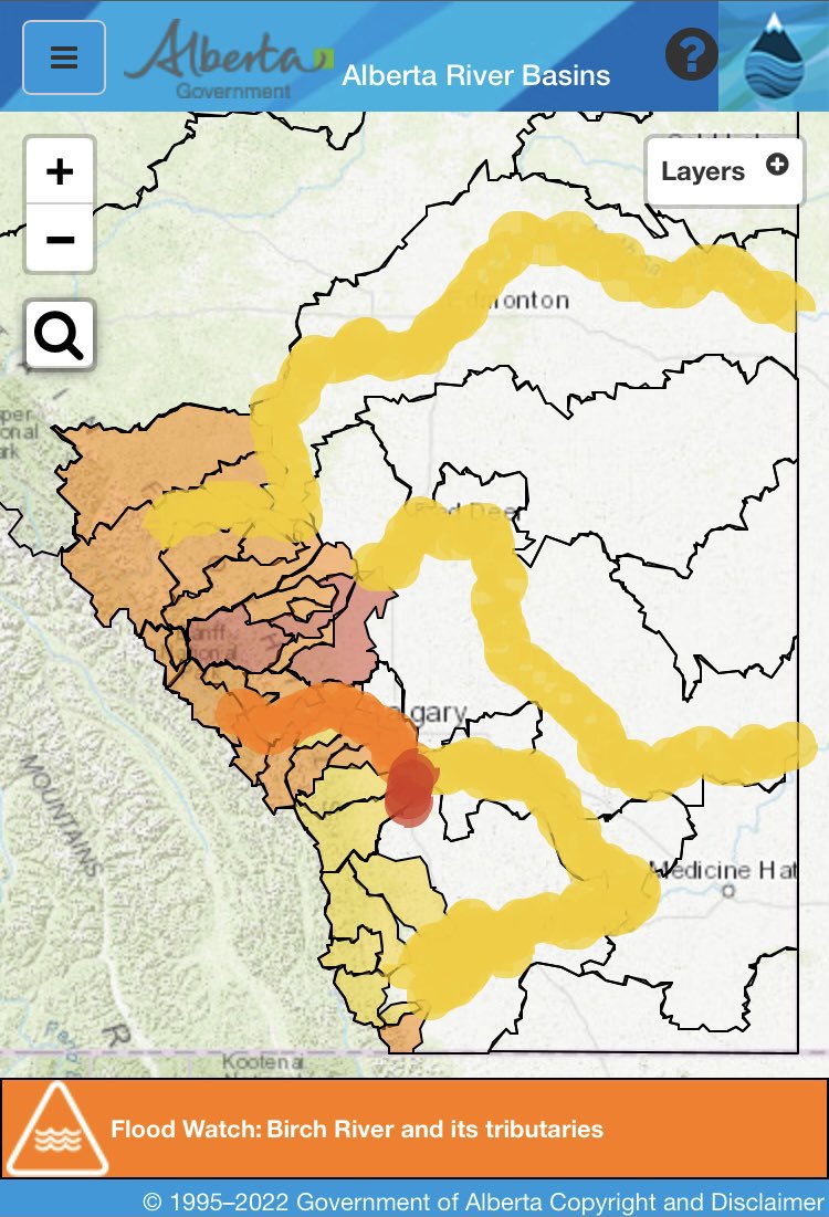 SRWP_H2O's tweet photo. It’s been a while since we’ve seen this extent of high flow and flooding advisories in southern AB. Stay safe out there! https://t.co/3LBBAOczhz